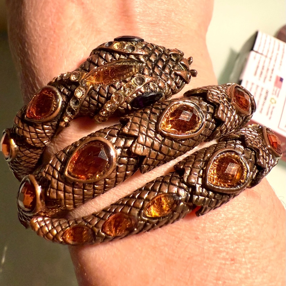 -Vintage Bronze Snake Bracelet with Amber Accents- coiling and stretchy